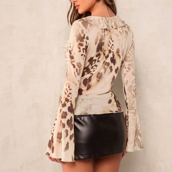 Apricot Casual Women's Front Tie Long Sleeve Printed Blouse - Picture 2 of 6